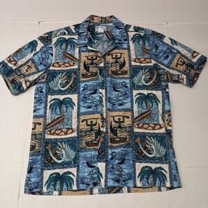 VTG Hawaiian Shirt Blue Fish Palms Surf Men’s‎ Size L USA